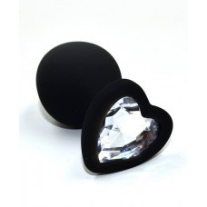  Черная анальная пробка из силикона с прозрачным кристаллом в форме сердца (Medium)