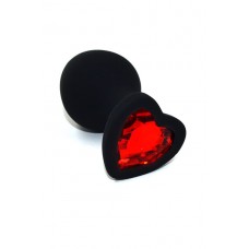 Черная анальная пробка из силикона с красным кристаллом в форме сердца (Medium)